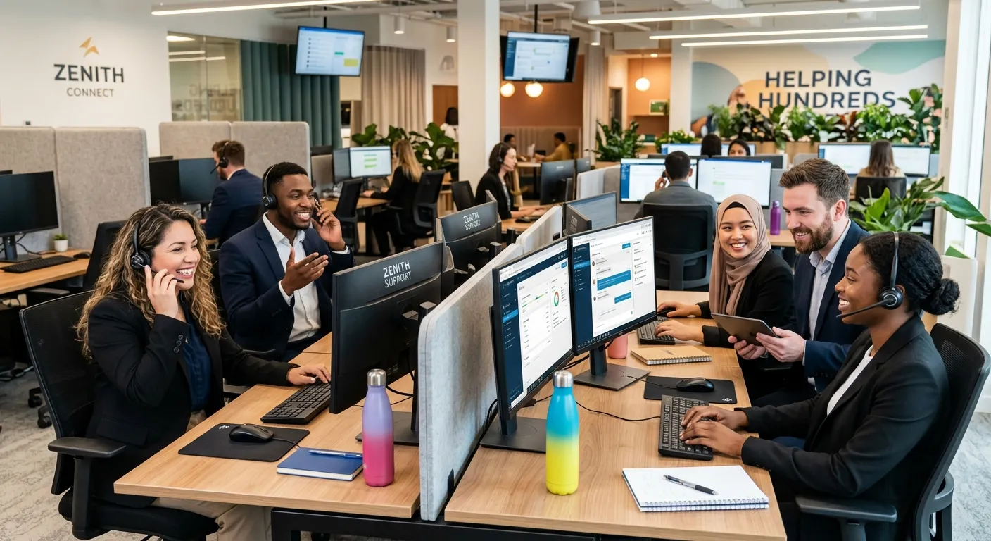 A diverse, professional team of customer service representatives smiling and working collaboratively in a modern contact center, with a focus on friendly interaction and technology. Style: Professional, bright, and engaging.