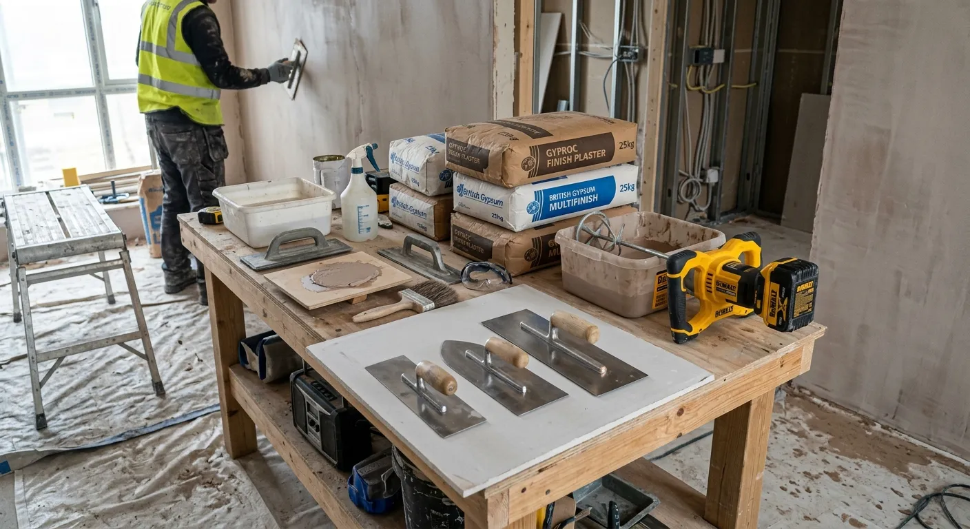 A well-organized plasterer's workstation on a modern construction site, showing a mix of traditional... A well-organized plasterer's workstation on a modern construction site, showing a mix of traditional hand tools and modern equipment like a cordless mixer and stainless steel trowels, with bags of branded plaster in the background.
