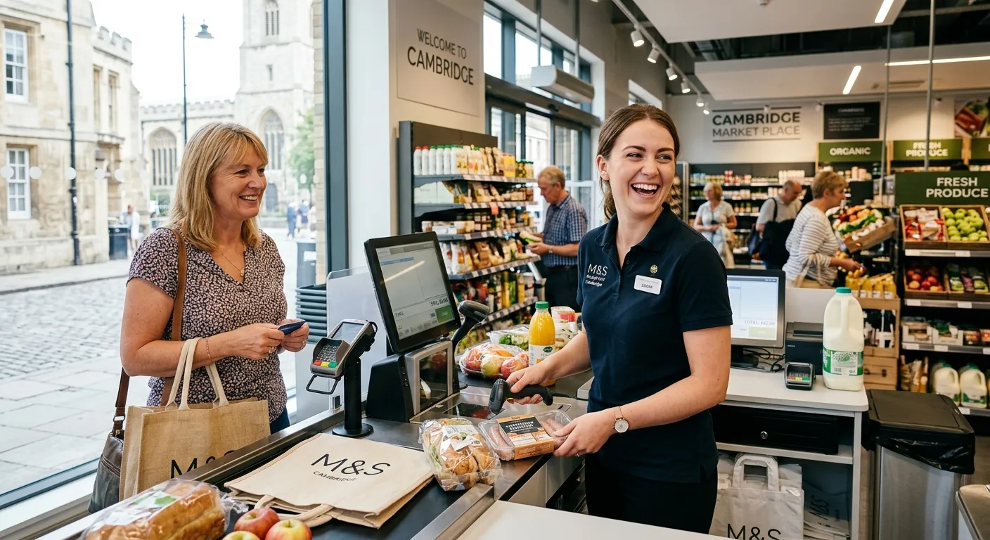 A professional, well-lit photo of a friendly cashier in a modern retail or supermarket environment i... A professional, well-lit photo of a friendly cashier in a modern retail or supermarket environment in Cambridge, processing a transaction and smiling at a customer. The mood is welcoming, efficient, and local.
