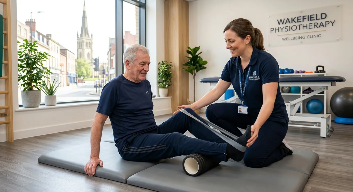 A professional, approachable physiotherapist in a modern clinic setting in Wakefield, assisting a pa... A professional, approachable physiotherapist in a modern clinic setting in Wakefield, assisting a patient with rehabilitation exercises. The image conveys trust, expertise, and a positive healthcare environment.