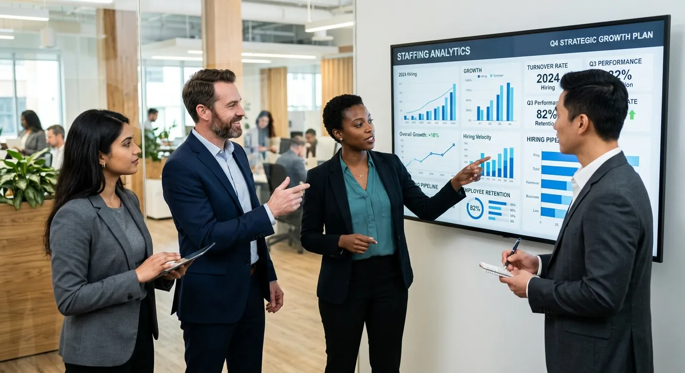 A professional, high-contrast photo of a diverse team of business professionals in a modern office,... A professional, high-contrast photo of a diverse team of business professionals in a modern office, looking collaboratively at a large screen displaying staffing analytics and growth charts. Mood: Confident, solution-oriented, and dynamic.