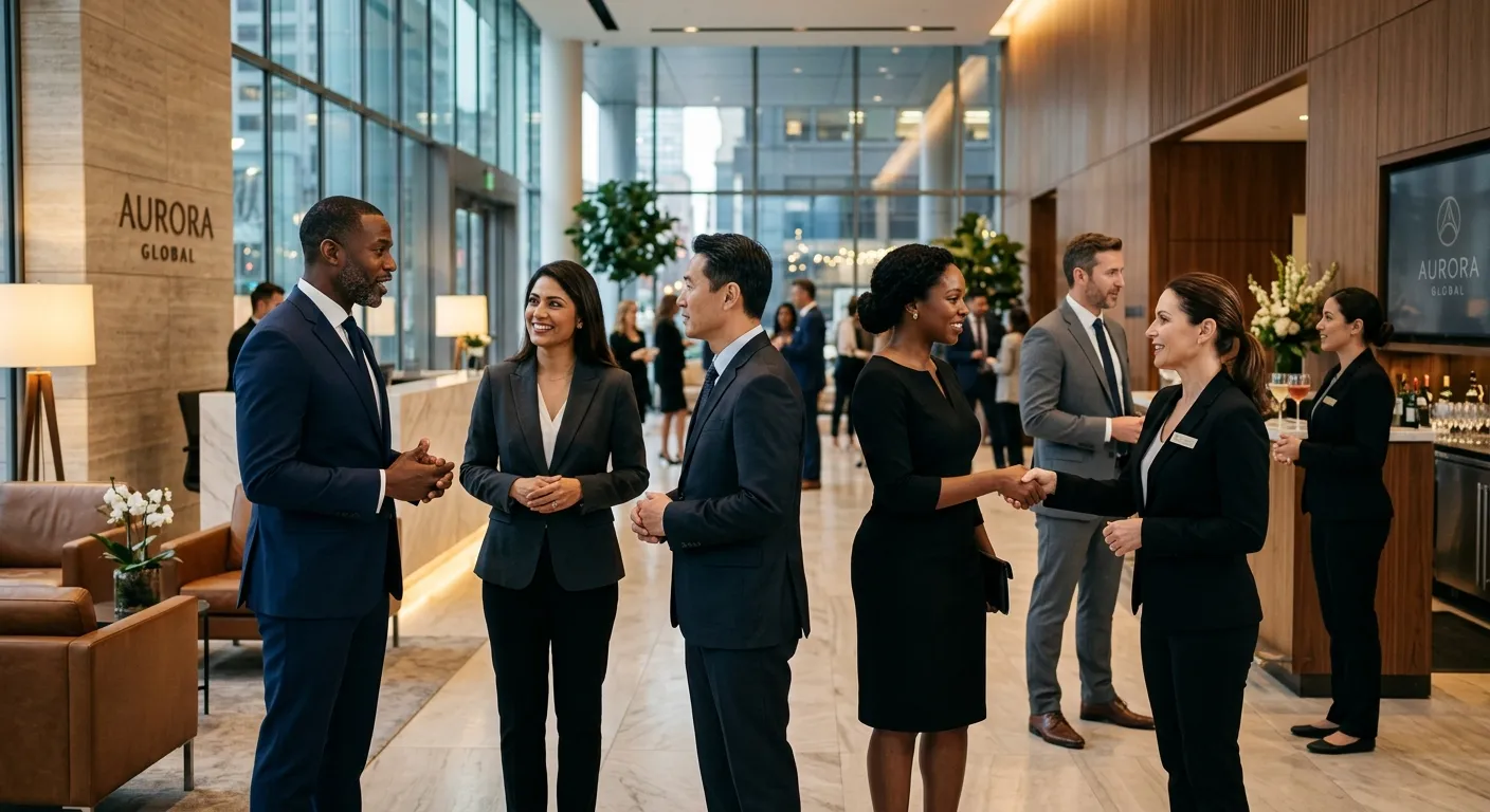 A professional, high-end corporate scene. A diverse group of impeccably dressed executives and hospitality professionals in a sleek, modern office lobby. The mood is confident, exclusive, and sophisticated, with sharp focus and warm lighting.