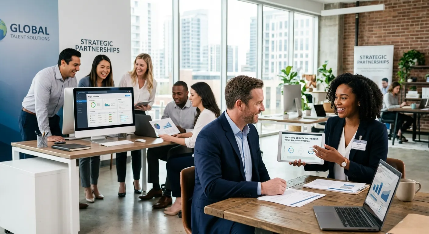 Professional, dynamic image of a diverse team of professionals in a modern office collaborating, wit... Professional, dynamic image of a diverse team of professionals in a modern office collaborating, with a staffing agency consultant in the foreground presenting a tablet to a business client. Style: Corporate, bright, and aspirational. Mood: Successful partnership and strategic growth.