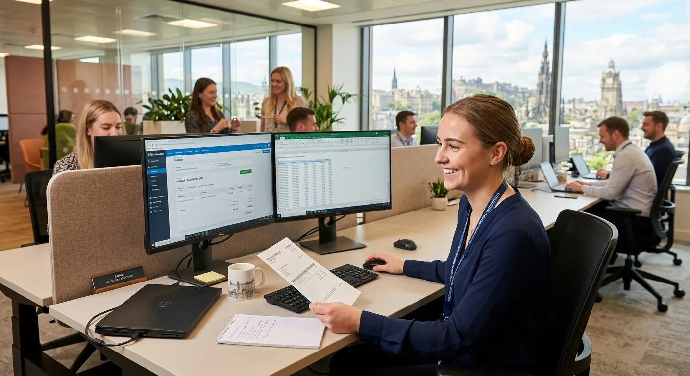 A professional, well-lit office environment in Edinburgh, with a friendly Accounts Assistant working... A professional, well-lit office environment in Edinburgh, with a friendly Accounts Assistant working on a dual-screen monitor, processing invoices and smiling. The style is modern corporate, conveying efficiency and teamwork.