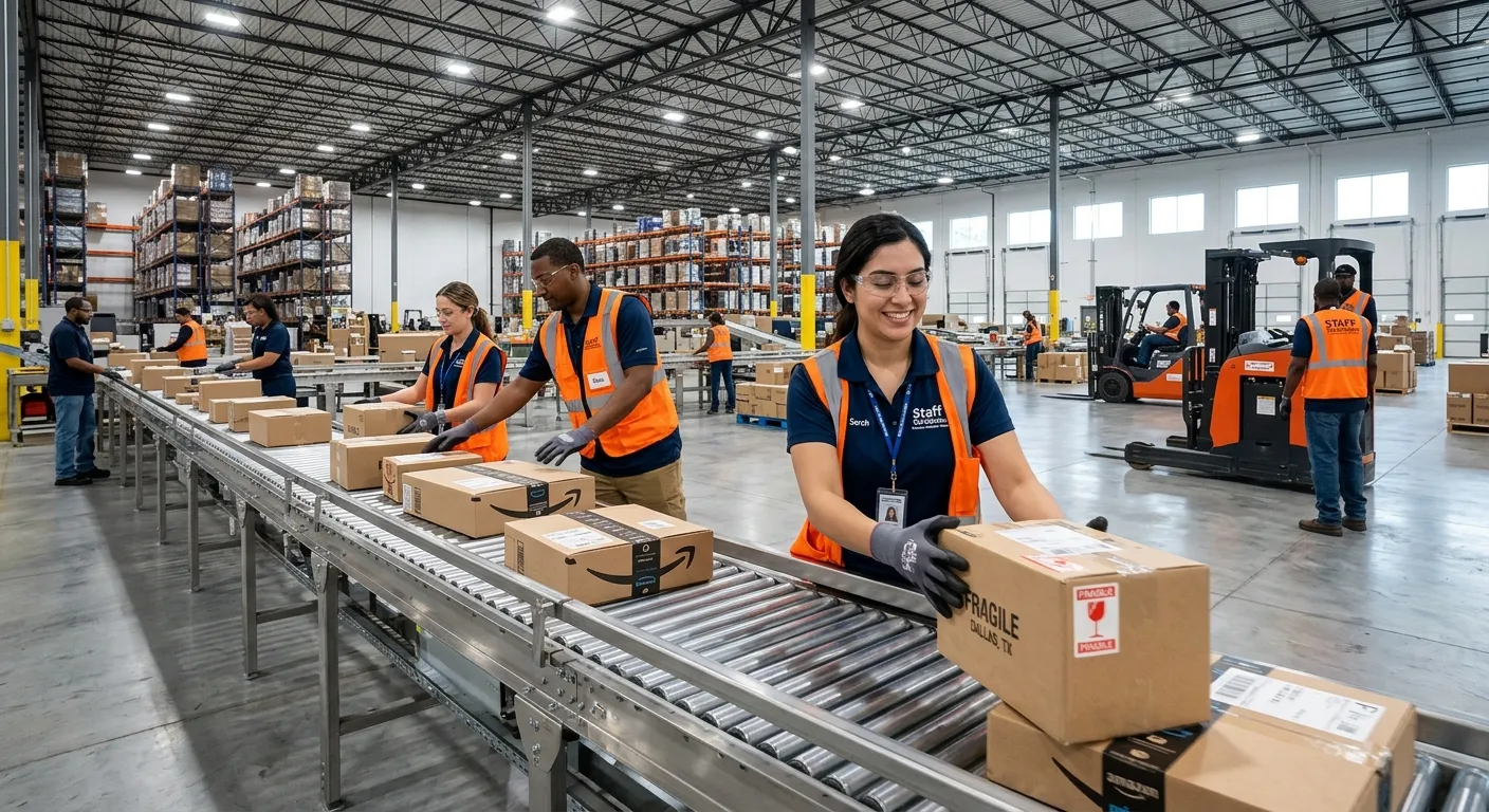 A dynamic, clean shot of a modern warehouse floor with Staff Solutions-branded temporary workers efficiently managing packages on a conveyor system.