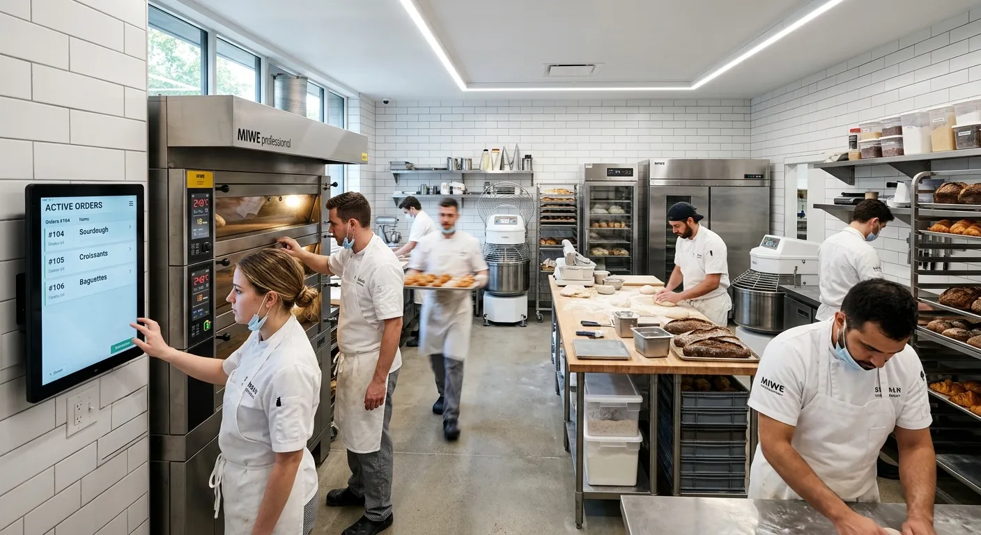 A dynamic, high-resolution image of a modern, high-tech bakery kitchen bustling with professional ch... A dynamic, high-resolution image of a modern, high-tech bakery kitchen bustling with professional chefs and bakers. The scene is bright, clean, and professional, with a focus on technology like digital ordering tablets and sophisticated ovens. The mood is energetic and efficient.