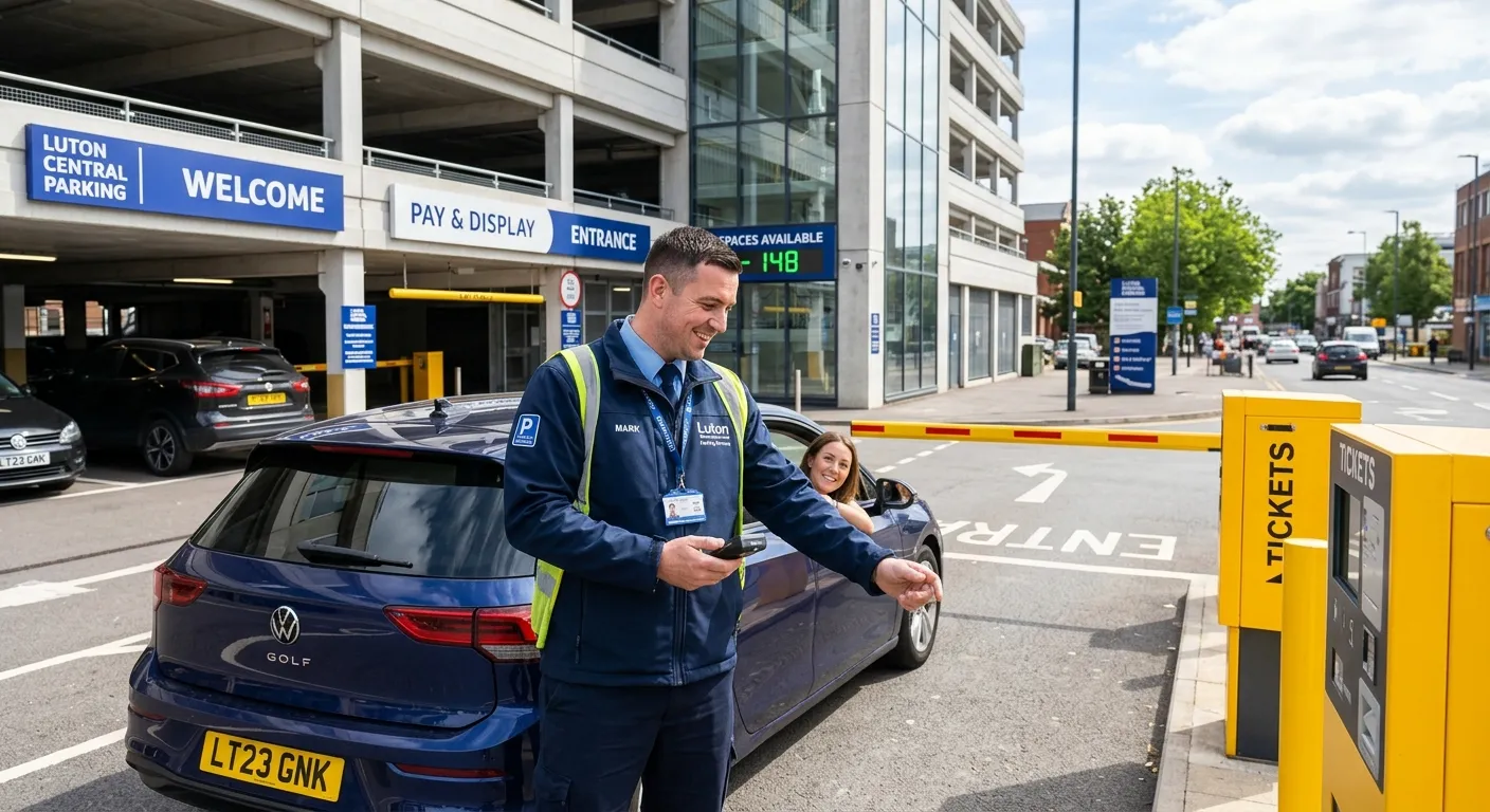 Professional, welcoming photo of a Parking Attendant in a smart uniform, assisting a driver at a modern multi-storey car park entrance in Luton. The scene is bright, friendly, and conveys a sense of helpful service.