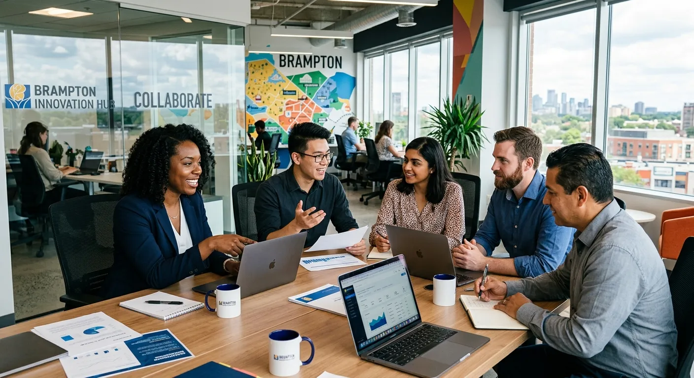 A dynamic, professional photo of a diverse team of professionals in a modern Brampton office setting... A dynamic, professional photo of a diverse team of professionals in a modern Brampton office setting, collaborating over a table with laptops and documents. The style should be bright, aspirational, and convey energy and partnership.