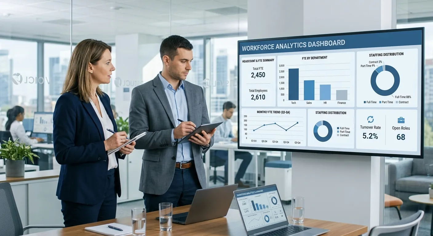 A modern office setting with a manager and HR professional reviewing workforce analytics dashboards on a large screen, showing FTE calculations and staffing charts. Style: Professional, clean, data-focused with a blue and grey colour scheme.