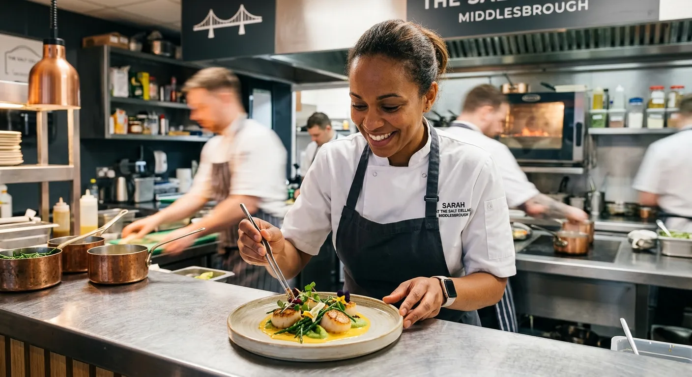 A professional, vibrant image of a skilled chef confidently plating an elegant dish in a modern, well-equipped commercial kitchen in Middlesbrough. The chef is smiling and wearing a crisp white jacket. The mood is energetic, professional, and welcoming.