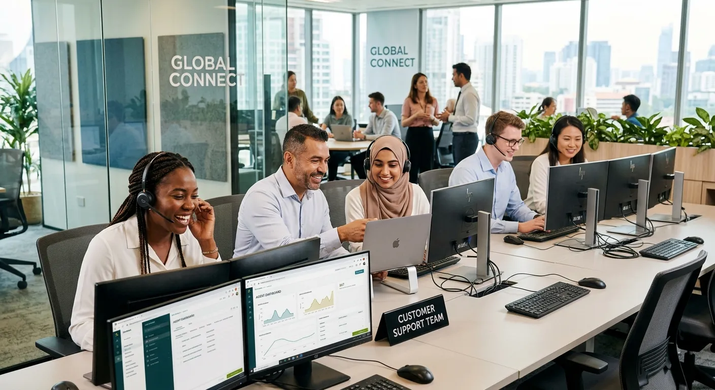 A diverse, professional team of customer service agents in a modern call centre or remote setup, smi... A diverse, professional team of customer service agents in a modern call centre or remote setup, smiling and wearing headsets, with a focus on collaboration and technology. Style: Professional, bright, and energetic.