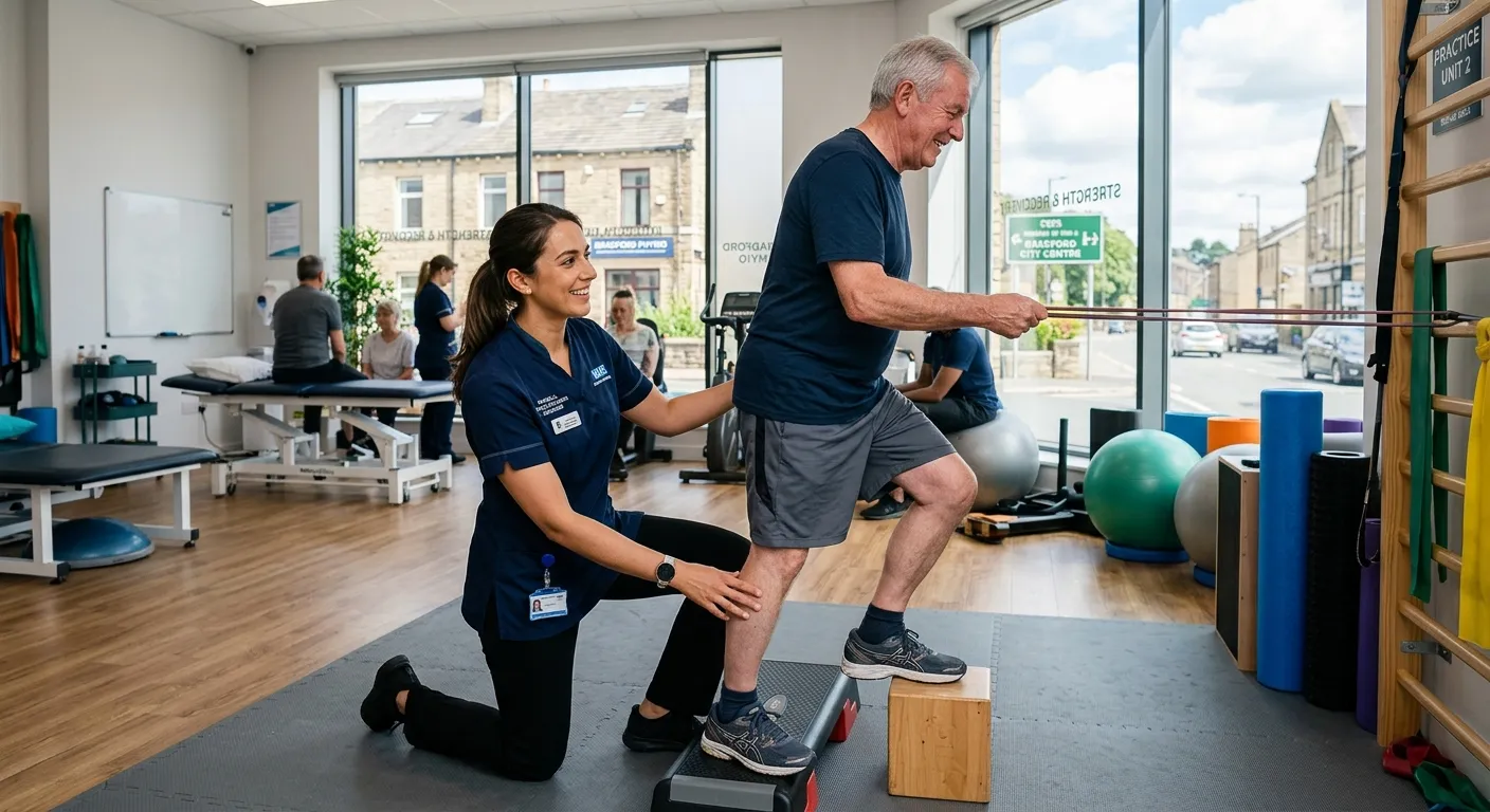 A professional, confident allied health physiotherapist in a modern clinic setting in Bradford, assisting a patient with rehabilitation exercises. Style: Authentic, bright, and welcoming. Mood: Professional, caring, and dynamic.