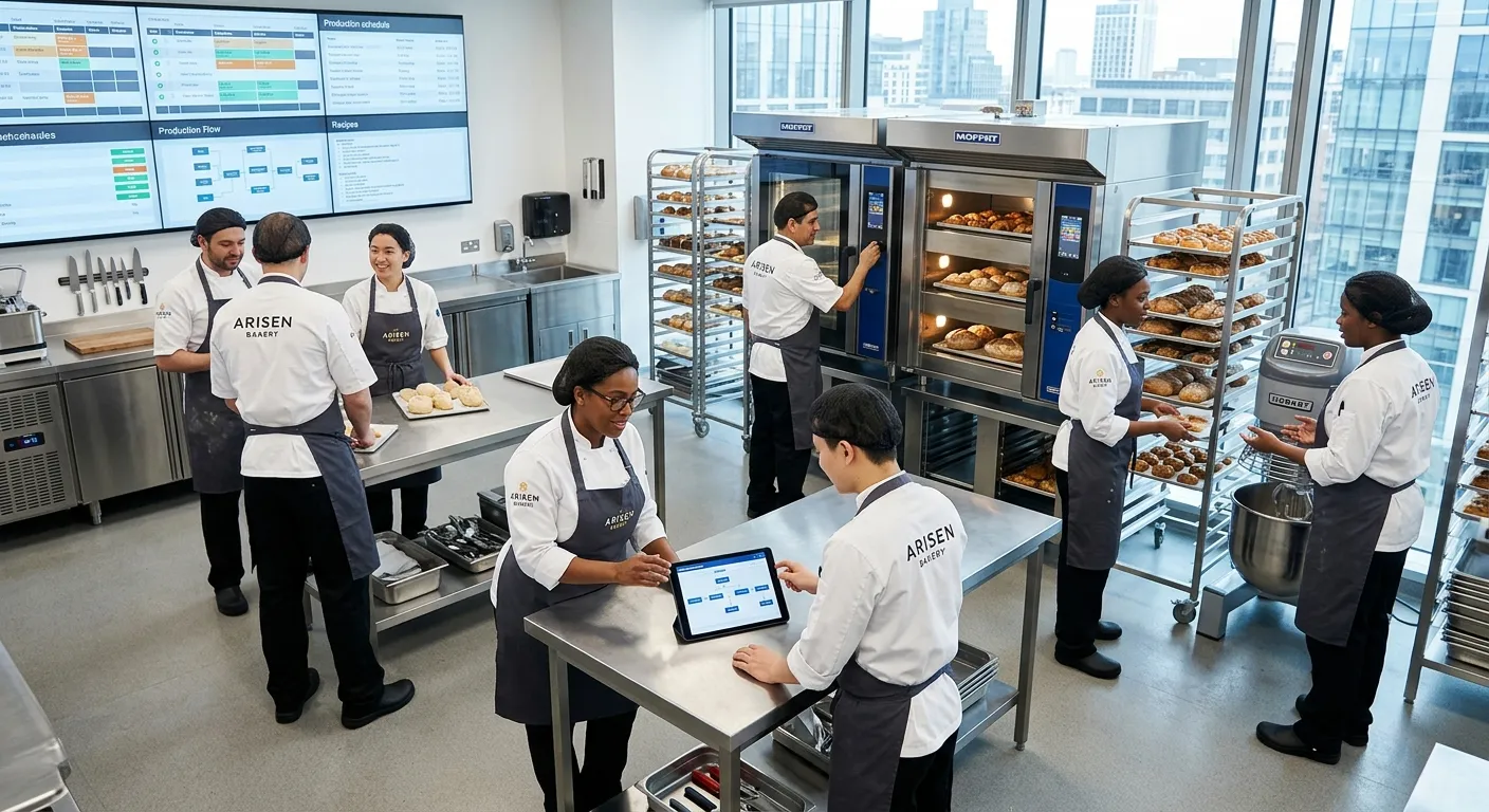 Professional high-angle shot of a modern, high-tech bakery kitchen with diverse staff in crisp unifo... Professional high-angle shot of a modern, high-tech bakery kitchen with diverse staff in crisp uniforms working collaboratively. Bright, clean lighting, focus on technology like digital ovens and tablets. Executive, corporate mood.