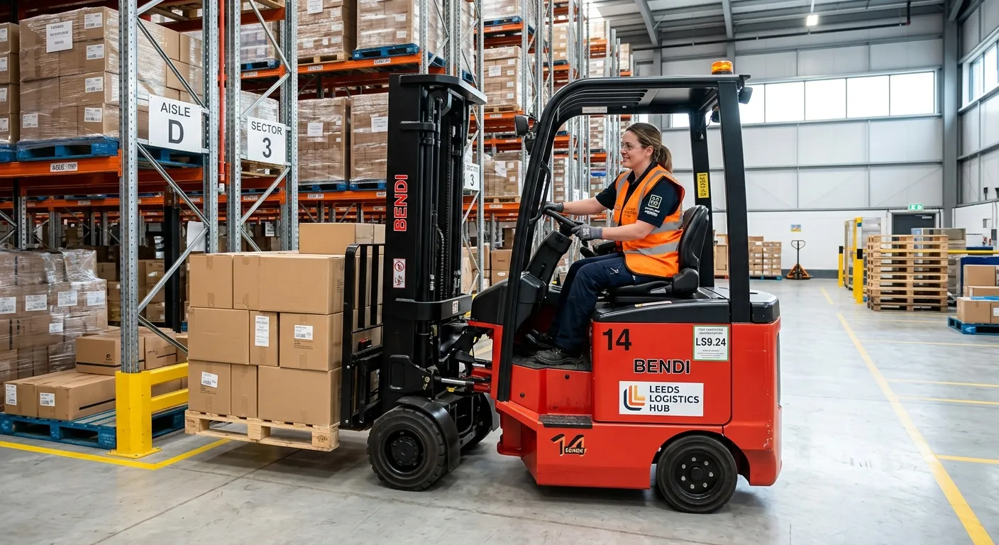 A professional, action-oriented photo of a certified Forklift Truck Driver in a modern, clean warehouse at Leeds Logistics Hub, LS9. The driver, wearing a high-vis vest and safety gear, is competently manoeuvring a Bendi forklift in a well-organised racking aisle, with the focus on safety and efficiency. Daylight streams in from warehouse windows, creating a bright, professional mood.