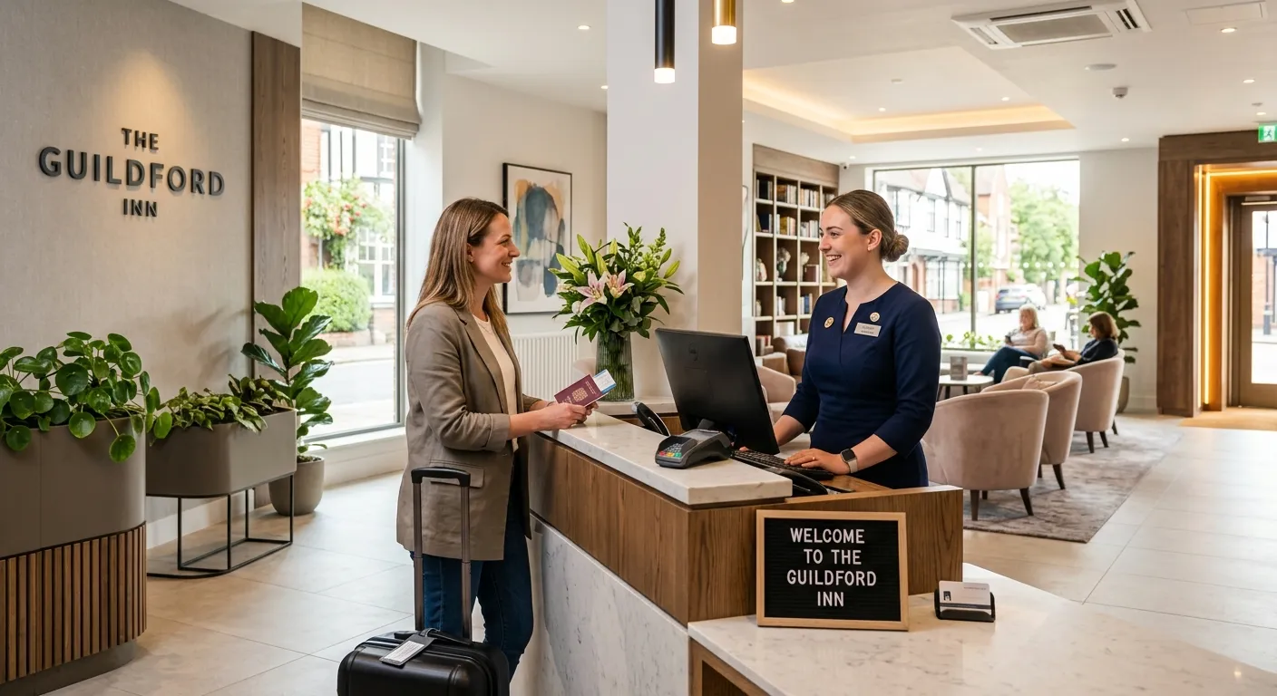 A professional, welcoming image of a modern hotel reception area in Guildford, with a friendly recep... A professional, welcoming image of a modern hotel reception area in Guildford, with a friendly receptionist in uniform assisting a guest. Bright, clean, and inviting atmosphere.