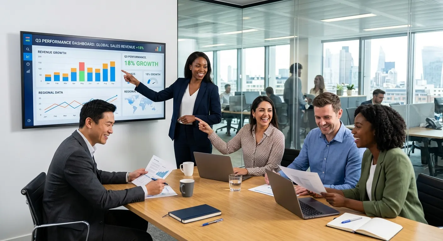 A modern, professional corporate office setting. A diverse team of business professionals in a glass... A modern, professional corporate office setting. A diverse team of business professionals in a glass-walled meeting room, reviewing documents and smiling. One points to a data dashboard on a screen. Style: Bright, crisp, professional photography with a focus on collaboration and success. Mood: Confident, strategic, and forward-thinking.