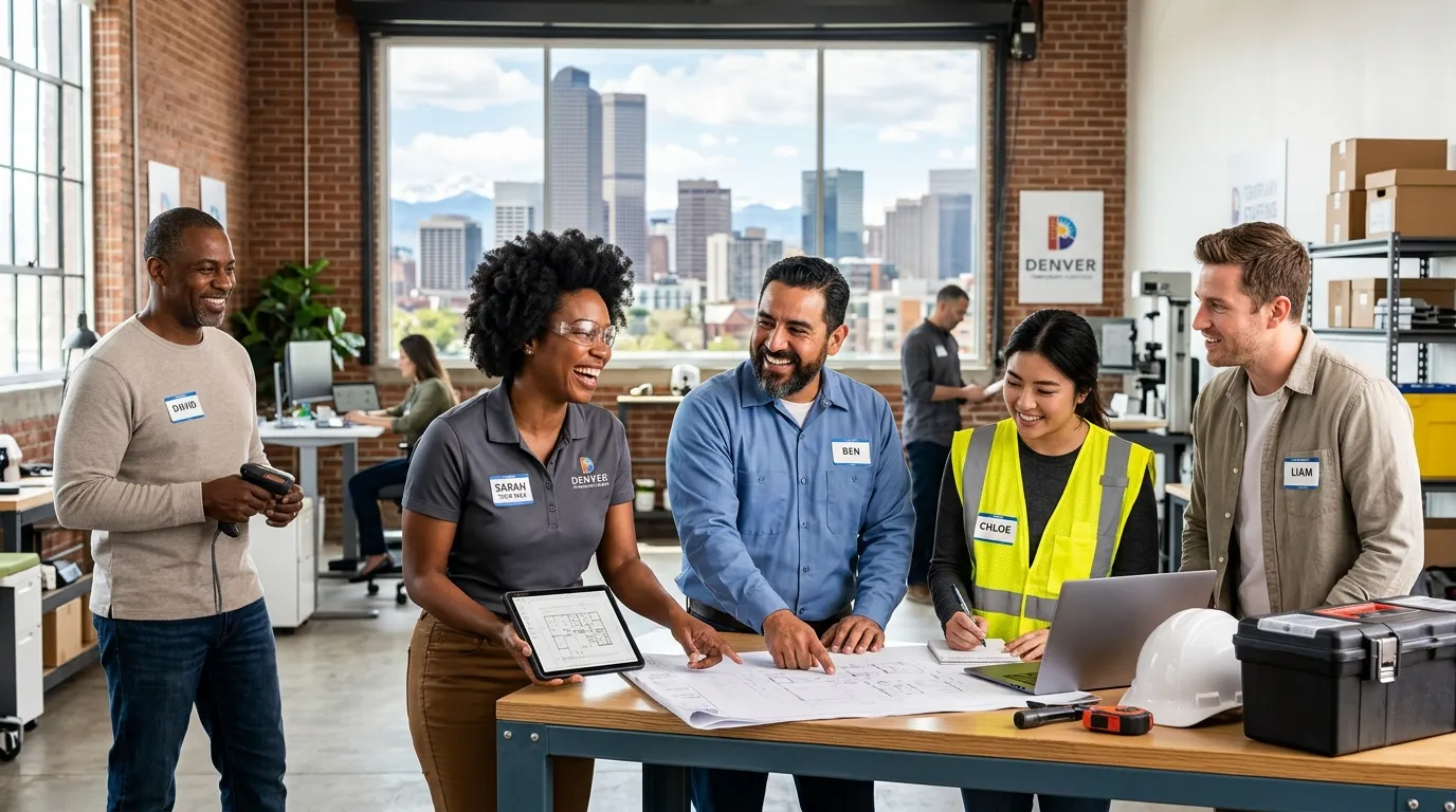 A dynamic, professional hero image showing a diverse team of temporary workers in a modern Denver office or light industrial setting, smiling and collaborating. Style is bright, energetic, and high-contrast, with the Denver skyline subtly visible through a window.