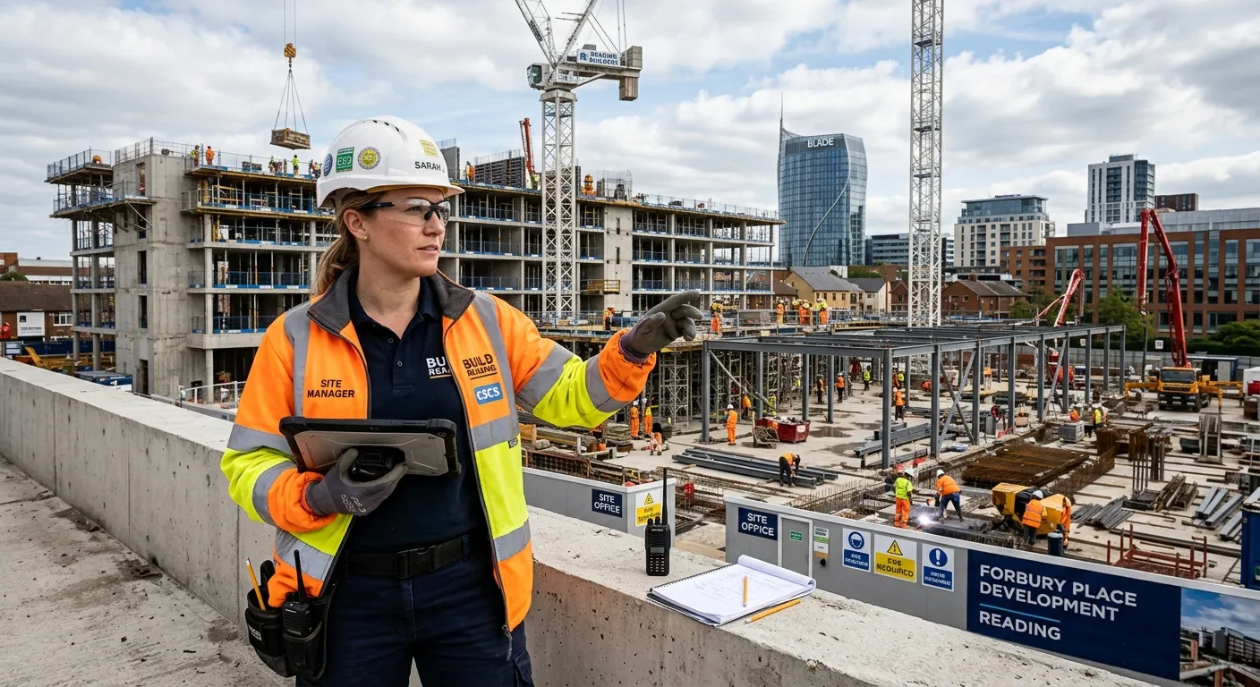 A professional, confident Site Manager in high-visibility clothing, overseeing construction activity on a modern building site in Reading. The image should convey authority, safety, and a busy, productive environment.