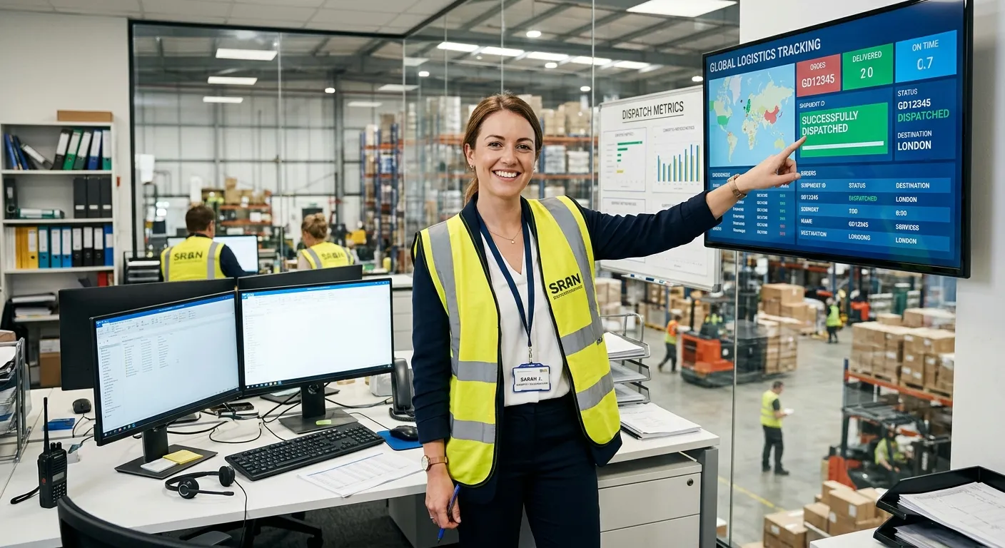 A professional, smiling woman in a warehouse office setting, wearing a high-vis vest over smart-casual clothing, pointing to a logistics screen, representing a successful dispatch clerk.