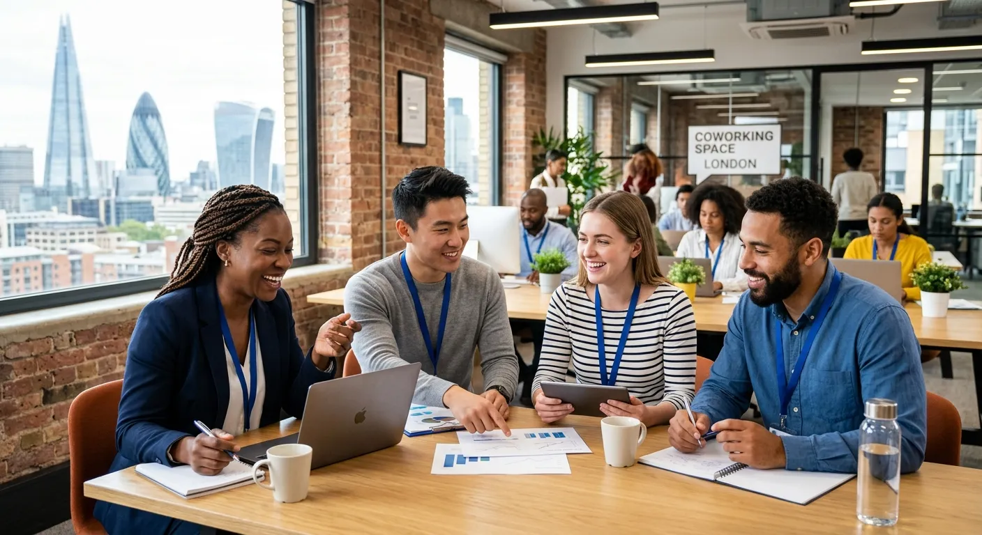 Modern, dynamic photo of a diverse group of professional temporary workers in London, smiling and co... Modern, dynamic photo of a diverse group of professional temporary workers in London, smiling and collaborating in a bright office or event space. Style: professional, energetic, high-resolution. Mood: confident, efficient, and reliable.