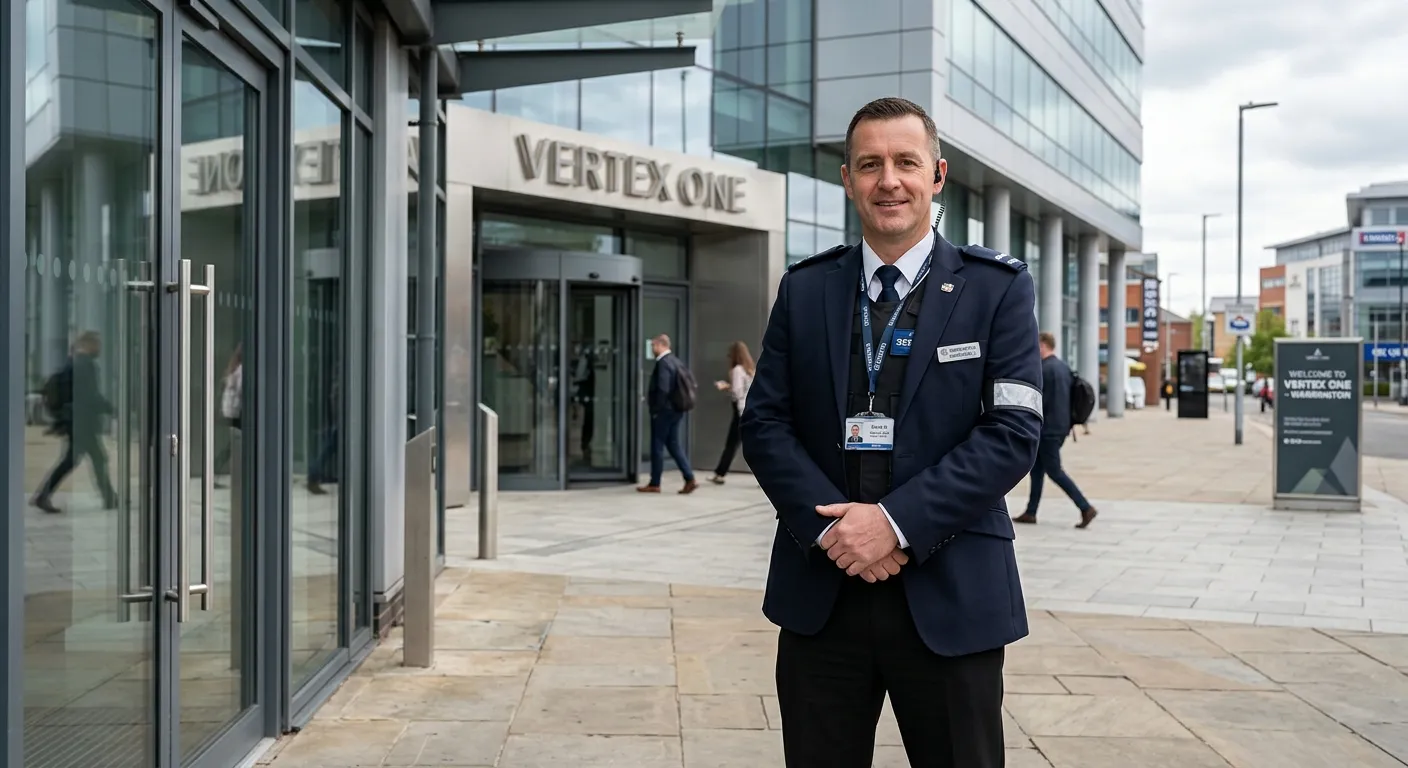 Professional, confident security guard in a smart uniform standing at the entrance of a modern commercial building in Warrington, representing vigilance and reliability.