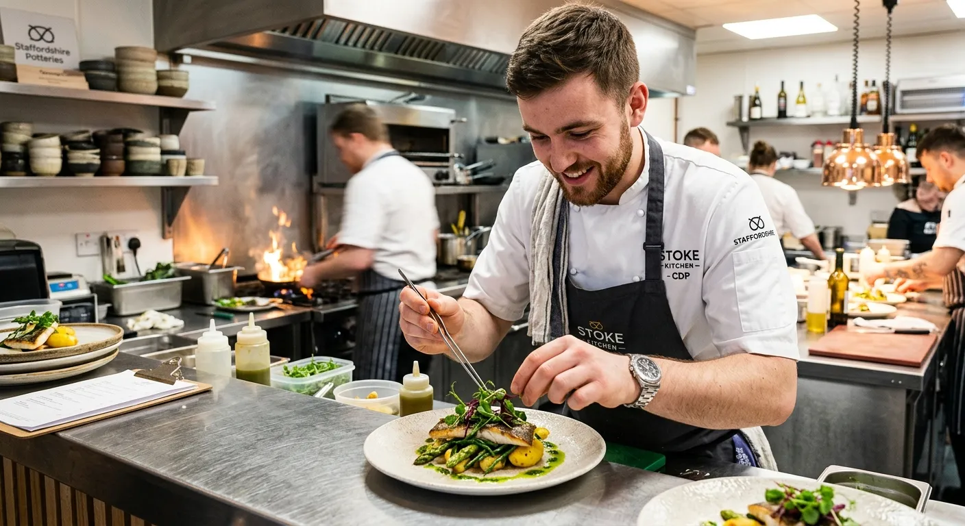 A professional, energetic Chef de Partie in a modern Stoke-on-Trent restaurant kitchen, plating a dish with precision. Style: Bright, clean, professional kitchen atmosphere. Mood: Busy, skilled, and rewarding.