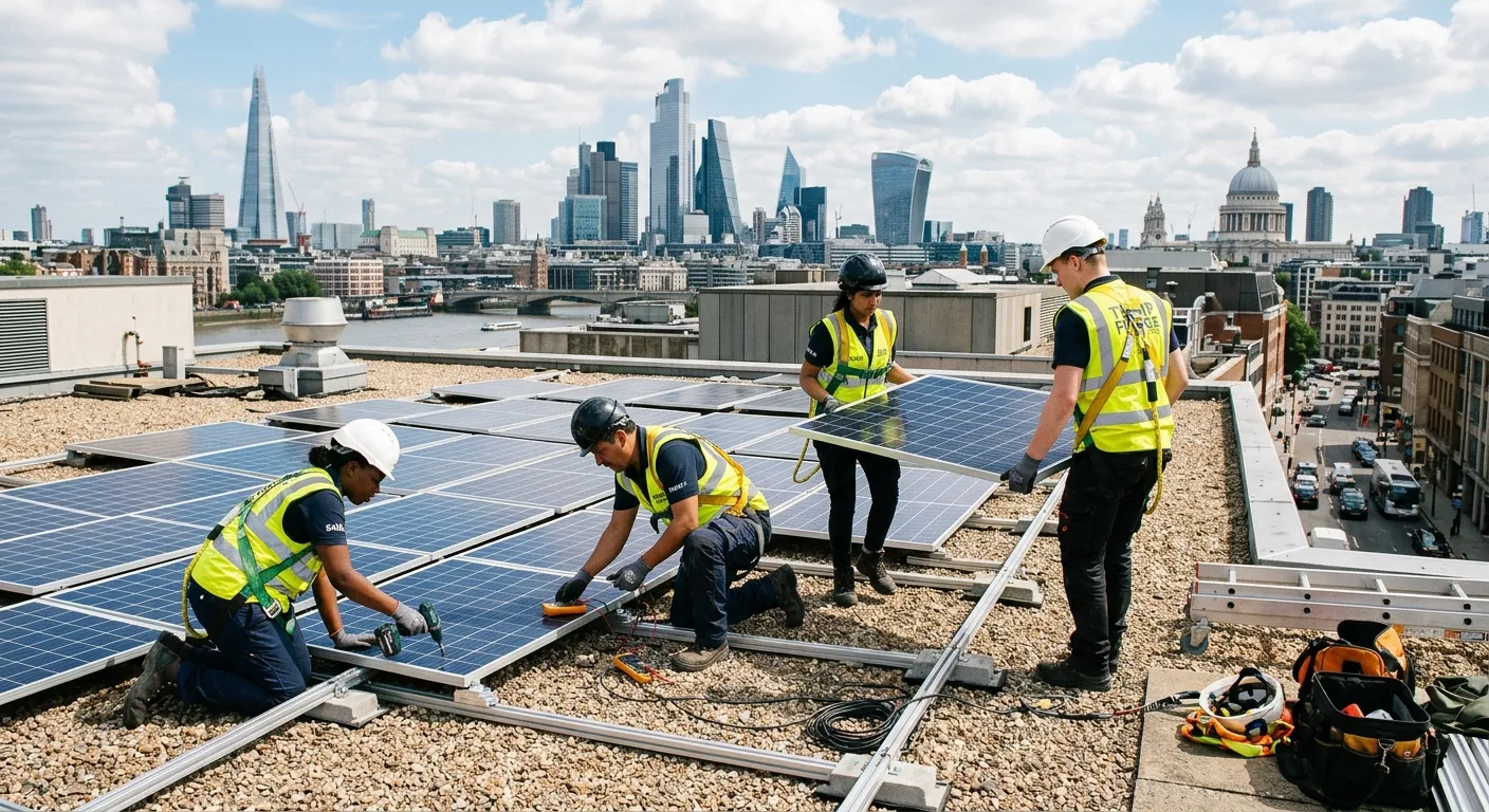 A diverse group of temporary workers in high-vis vests installing solar panels on a London commercial building roof, with the city skyline in the background.