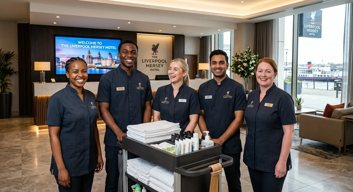 A professional, diverse team of housekeeping staff in smart uniforms smiling in a clean, modern hote... A professional, diverse team of housekeeping staff in smart uniforms smiling in a clean, modern hotel lobby in Liverpool, conveying professionalism, teamwork, and a welcoming atmosphere.