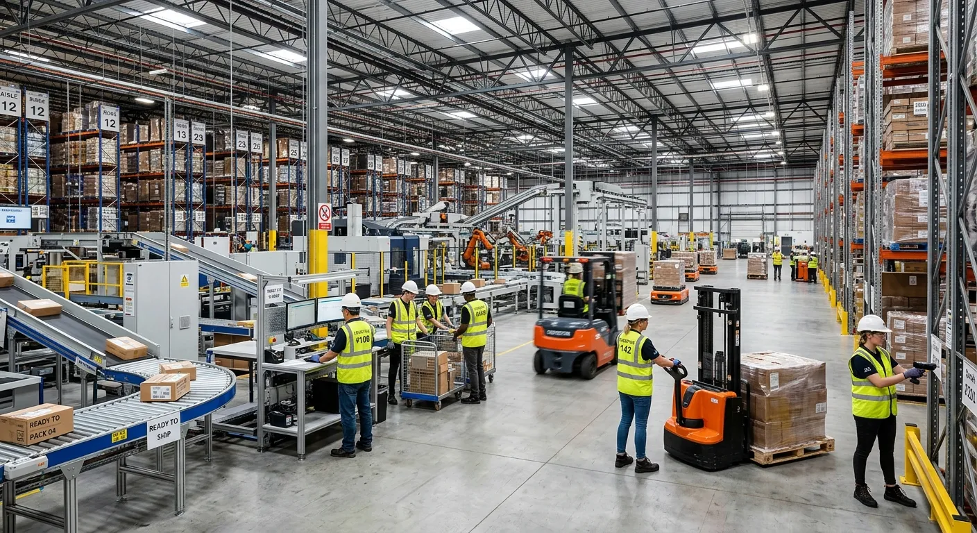 A dynamic, high-energy shot of a modern, well-organized industrial warehouse or factory floor. Workers in high-visibility vests are engaged with machinery and logistics. Style: Professional, vibrant, and focused on human efficiency and technology.