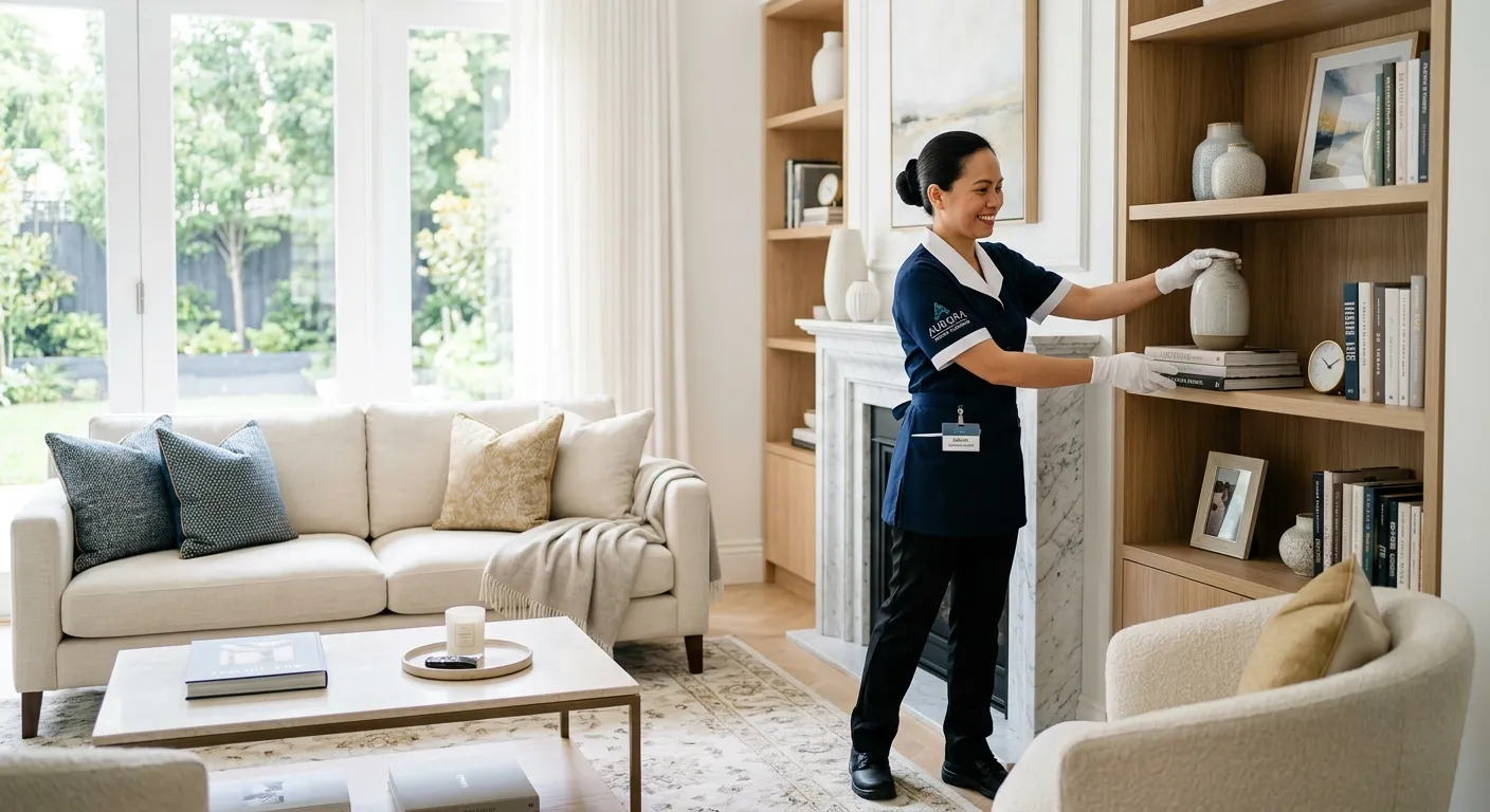 A professional housekeeper in a crisp uniform, smiling as they expertly organise a bright, clean, and luxurious living room. The mood is serene, professional, and high-end. Focus on detail and cleanliness.