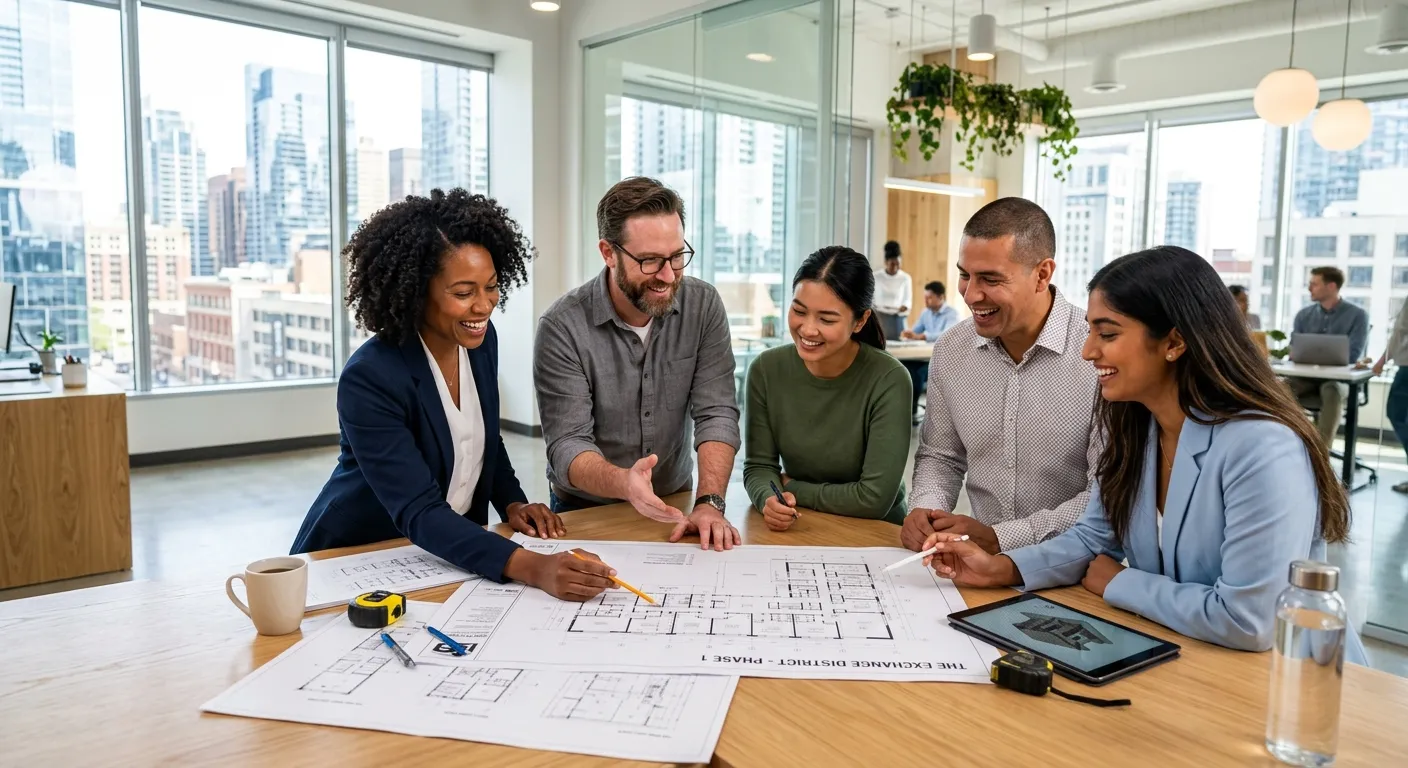 A diverse, professional team collaborating in a modern office environment, smiling and looking at architectural plans on a table. Style: Bright, professional, aspirational mood.