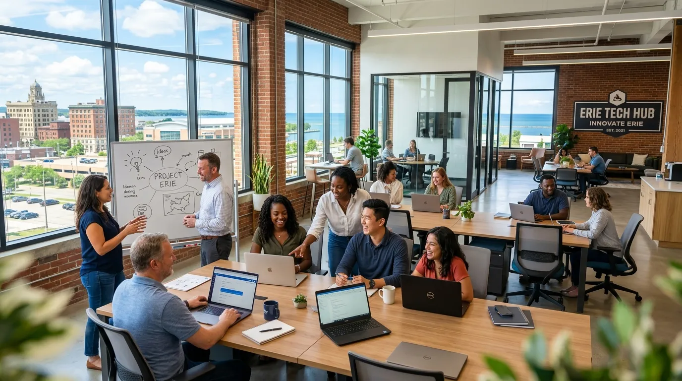 Wide-angle professional shot of a modern, collaborative office in Erie, Pennsylvania, with diverse team members smiling and working together. Bright, airy, and professional mood.