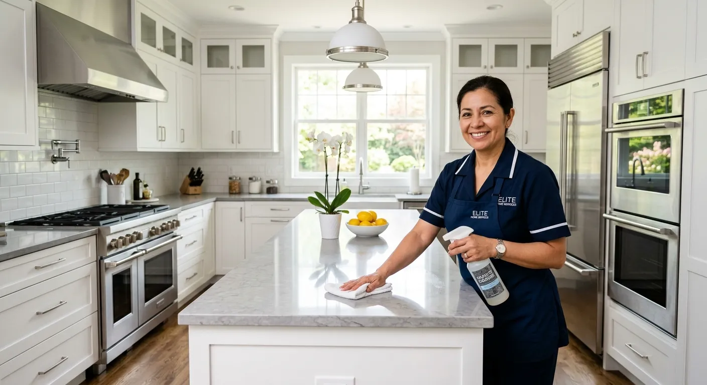 A professional, welcoming housekeeper in a clean, modern kitchen, smiling while polishing a counter. The mood is trustworthy, efficient, and high-end domestic service.