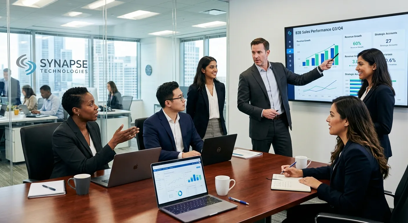 A professional, dynamic photo of a diverse B2B sales team in a modern office setting, engaged in a strategy meeting. The image should convey confidence, collaboration, and a corporate, high-stakes environment. Style: Modern business photography with a focus on sharp, high-contrast details.