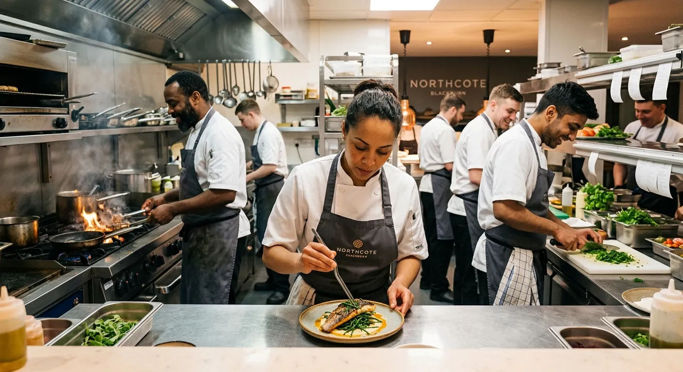 A professional, diverse kitchen team in a busy commercial kitchen in Blackburn, Lancashire. A chef in whites is plating a dish, others are preparing ingredients. The mood is energetic, skilled, and collaborative.