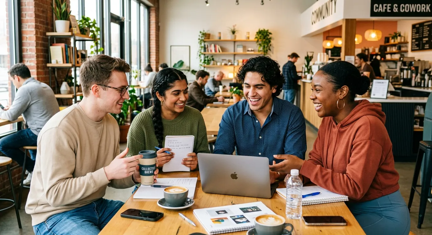 A diverse group of enthusiastic, young part-time workers in casual attire smiling and collaborating... A diverse group of enthusiastic, young part-time workers in casual attire smiling and collaborating in a modern, bright coworking space or cafe. Style: Professional, vibrant, and energetic. Mood: Positive, accessible, and full of potential.