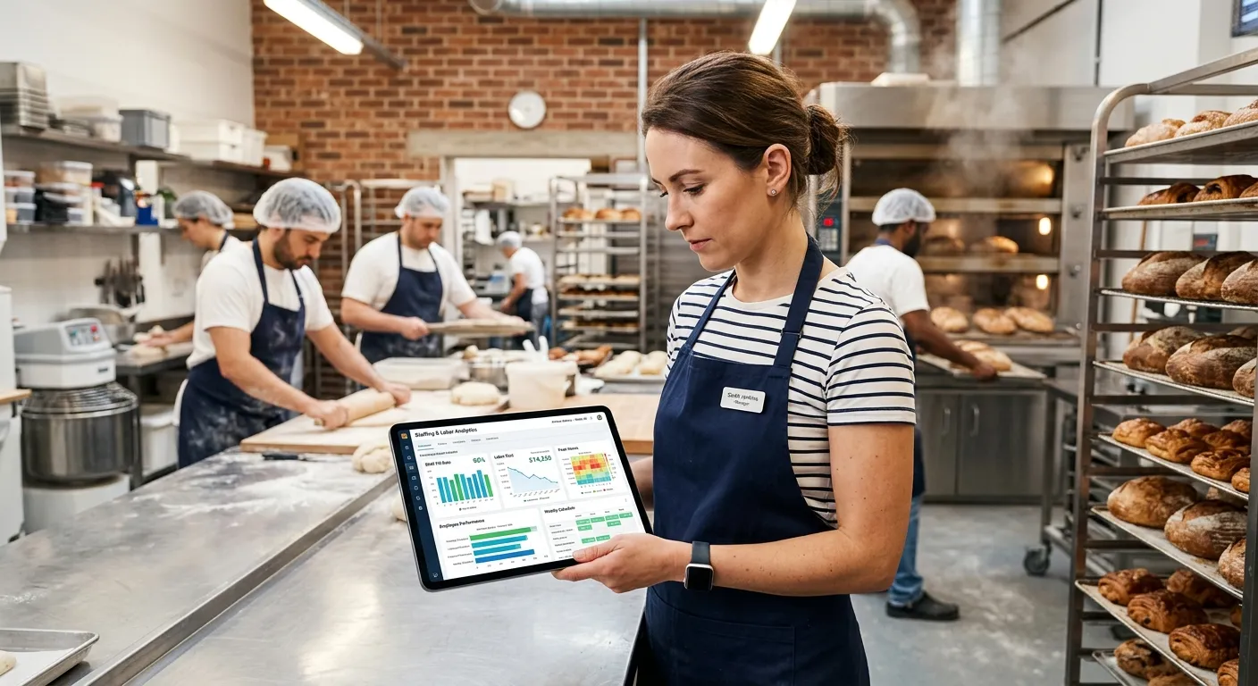 A modern bakery manager reviewing a staffing analytics dashboard on a tablet, showing graphs of shift fill rates and labour costs, with a bustling bakery kitchen in the background. Style: Professional, bright, and tech-focused.