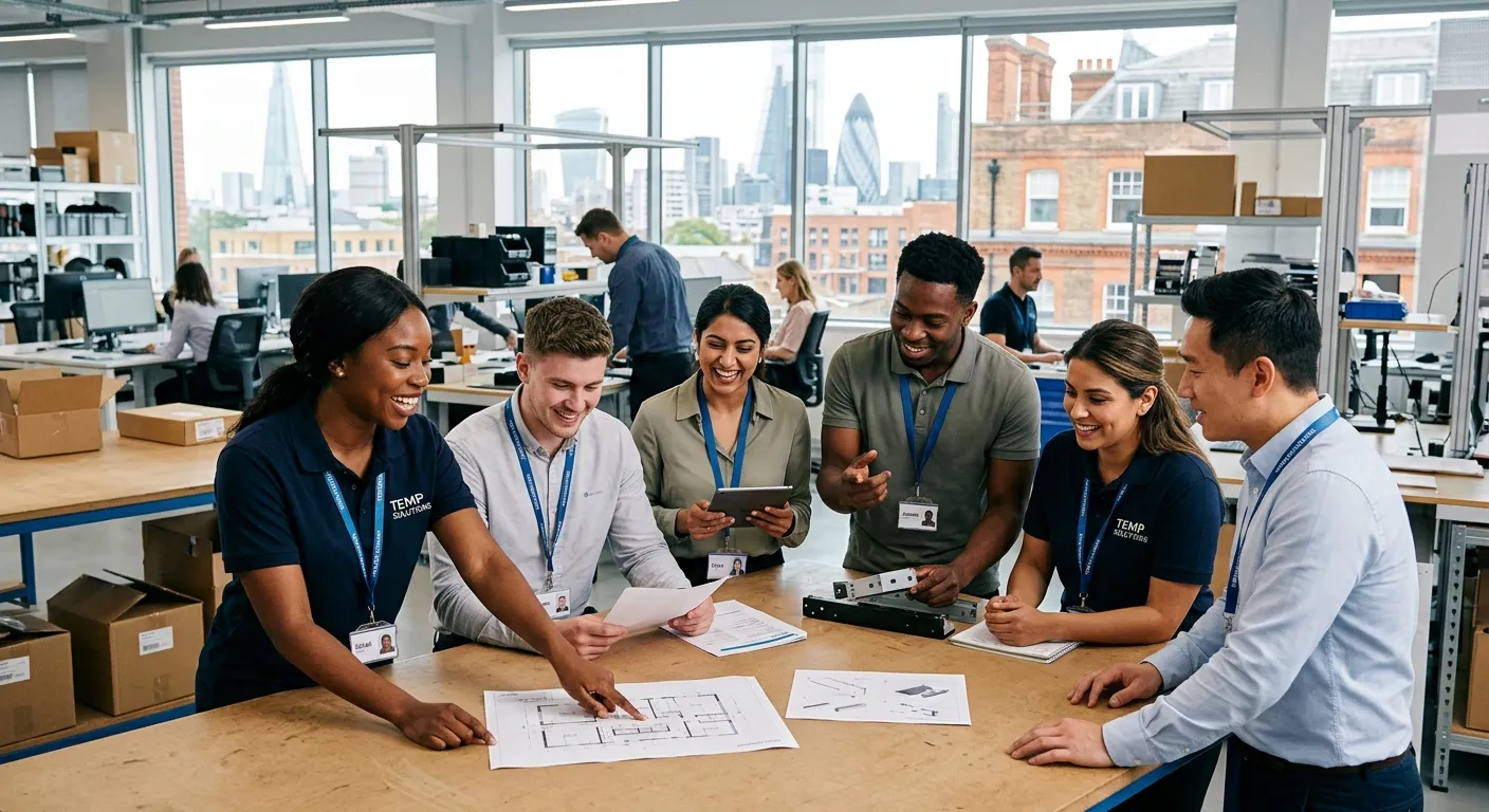 A professional, high-energy photo of a diverse group of temporary workers in a modern London office or light industrial setting, smiling and collaborating. Style: Corporate, vibrant, and focused. Mood: Efficient, dynamic, and trustworthy.