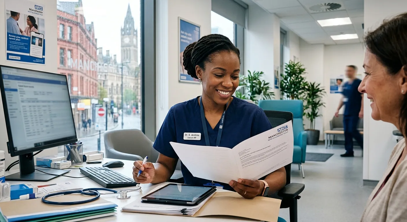 A professional, confident locum doctor in a modern medical clinic setting in Manchester, reviewing p... A professional, confident locum doctor in a modern medical clinic setting in Manchester, reviewing patient notes with a friendly demeanour. Style: Authentic, professional photography.