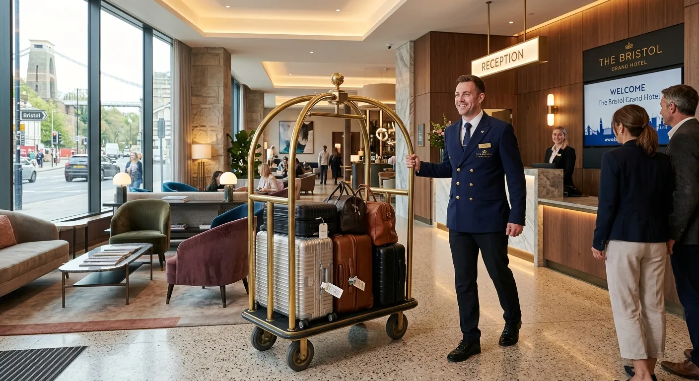 A professional, well-lit photo of a Porter in a smart uniform, confidently moving luggage trolleys through the modern, clean lobby of a Bristol-based hotel or corporate building. The image should convey efficiency, professionalism, and a welcoming local Bristol atmosphere.