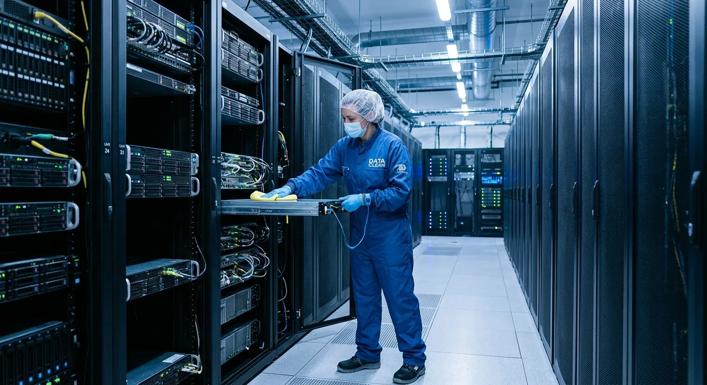 A professional cleaner in anti-static attire gently dusting server racks in a modern, cool-toned data centre.