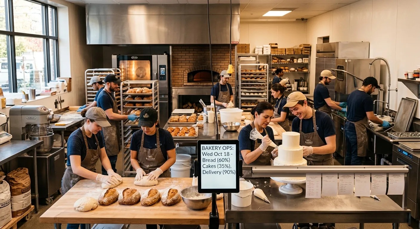 A modern, bustling commercial bakery kitchen with skilled bakers, decorators, and kitchen porters working in harmony, showcasing a blend of traditional craft and digital technology like tablets displaying production schedules. Professional, warm, and inviting mood.