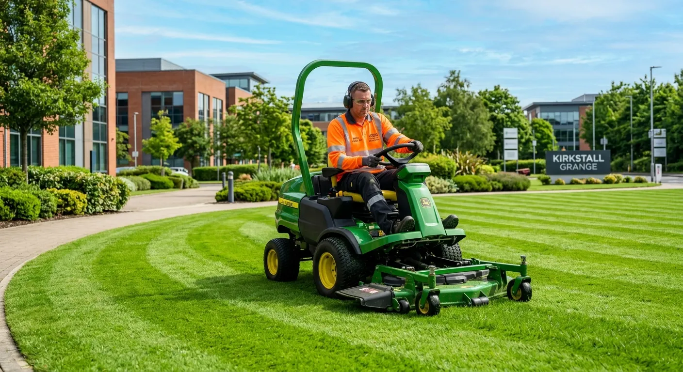 A professional, well-lit photo of a grounds maintenance operative in high-visibility clothing, safel... A professional, well-lit photo of a grounds maintenance operative in high-visibility clothing, safely operating a ride-on lawn mower on a sunny day at a well-kept commercial property or park in Leeds. Style: Realistic, aspirational, and professional.