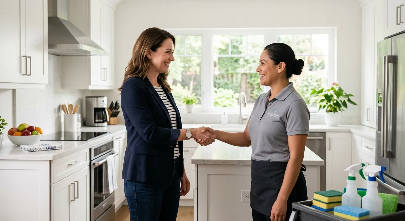 A professional, satisfied homeowner shaking hands with a uniformed housekeeper in a clean, sunlit modern kitchen. Style: Professional, warm, and trustworthy. Mood: Relief and successful partnership.