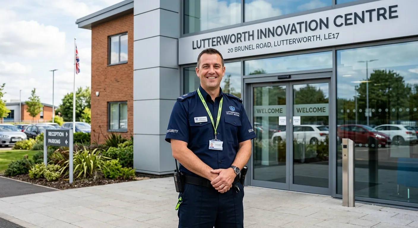 A professional, trustworthy security guard in uniform, standing at the entrance of a modern commerci... A professional, trustworthy security guard in uniform, standing at the entrance of a modern commercial or industrial building in Lutterworth, smiling confidently. Style should be realistic and aspirational, with a focus on professionalism and safety.