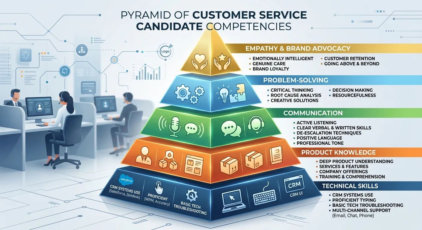 A detailed infographic showing a pyramid of customer service candidate competencies. At the base are... A detailed infographic showing a pyramid of customer service candidate competencies. At the base are 'Technical Skills' (CRM use, typing), above is 'Product Knowledge', then 'Communication', then 'Problem-Solving', and at the peak is 'Empathy & Brand Advocacy'.