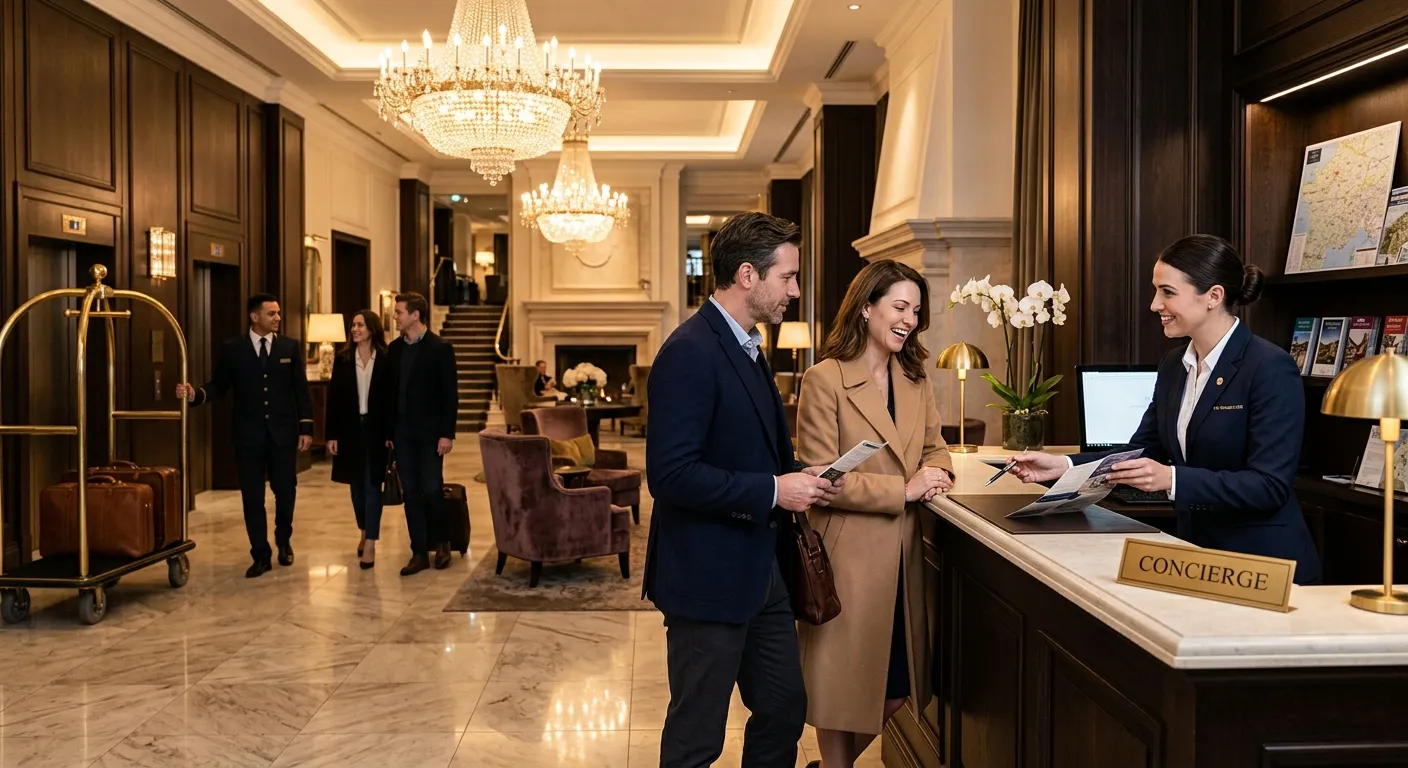 A high-end, elegant hotel lobby with impeccable service in action. A professional concierge assists... A high-end, elegant hotel lobby with impeccable service in action. A professional concierge assists guests, bathed in warm, luxurious lighting. Style: Professional photography, mood of sophistication and seamless hospitality.