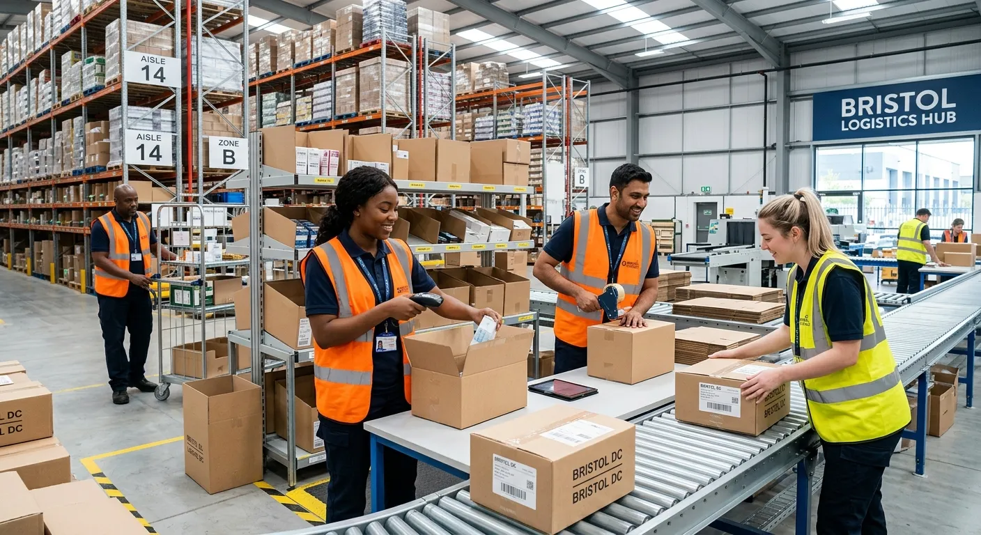 A professional, diverse group of warehouse staff in high-visibility vests working efficiently in a modern, clean distribution centre in Bristol. They are picking items from shelves and packing boxes, conveying teamwork and a positive work environment.