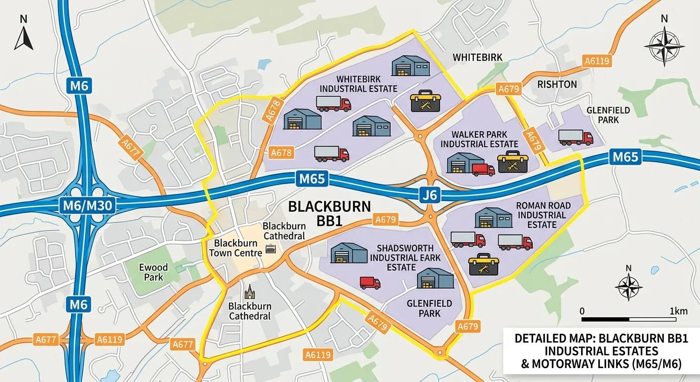 Detailed map illustration focusing on the Blackburn BB1 area, highlighting major industrial estates, depots, and motorway links (M65/M6). Icons show trucks, warehouses, and toolboxes.