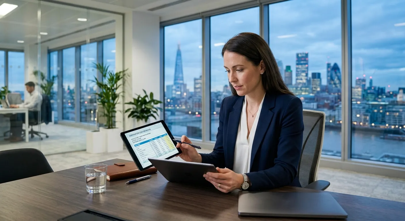 Professional business manager reviewing contractor cost estimates on a tablet, sitting in a modern o... Professional business manager reviewing contractor cost estimates on a tablet, sitting in a modern office with a city skyline in the background, style: corporate, clean, analytical mood